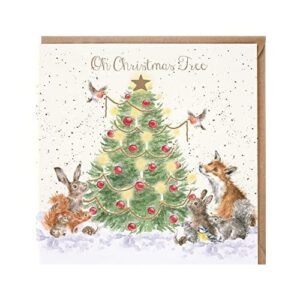 Christmas Card from Wrendale Designs - Oh Christmas Tree - Animals Decorating the Tree - Sophisticated Gold Foil Finish (WRE-X076)